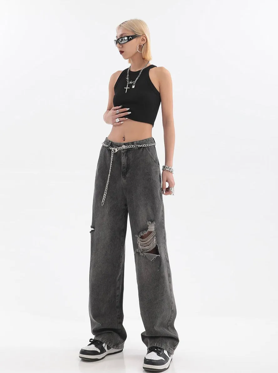 Distressed Faded Jeans with Chain Belt