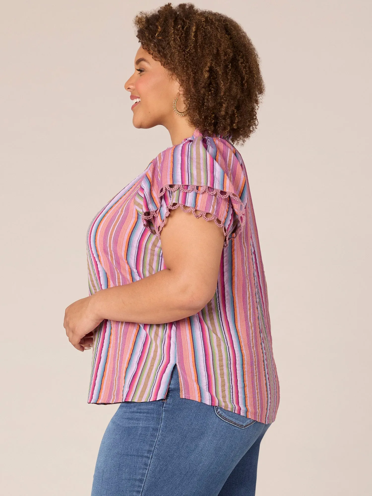 Double Flounce Crochet Sleeve Ruffle Neck Striped Plus Size Woven Top