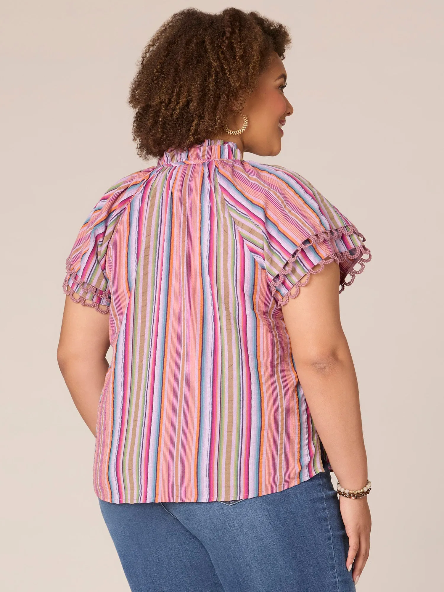 Double Flounce Crochet Sleeve Ruffle Neck Striped Plus Size Woven Top