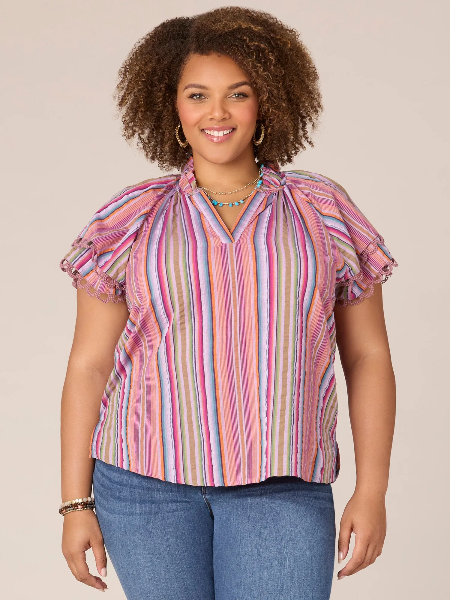 Double Flounce Crochet Sleeve Ruffle Neck Striped Plus Size Woven Top