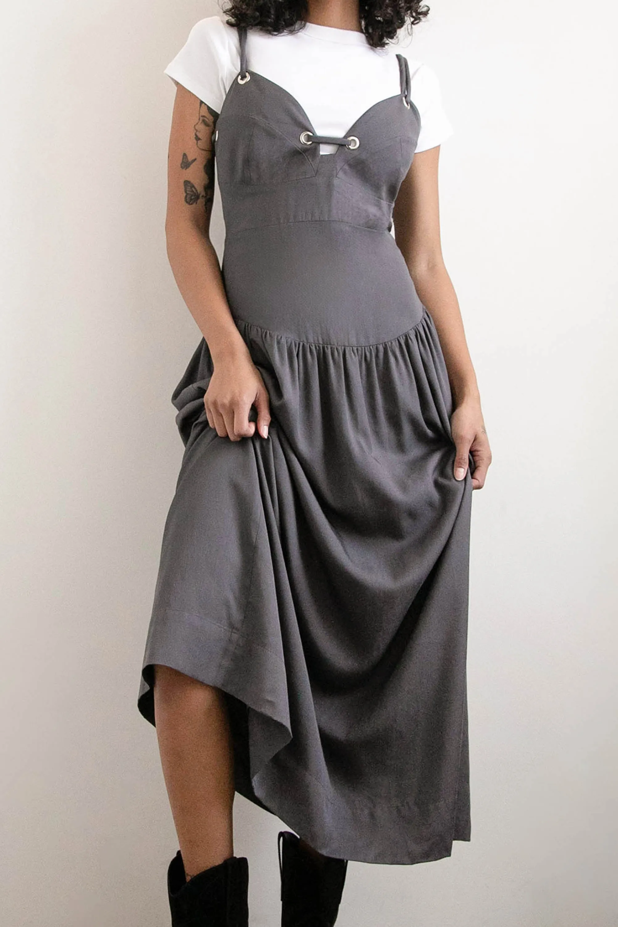 DROP-WAIST DRESS WITH METAL EYELETS