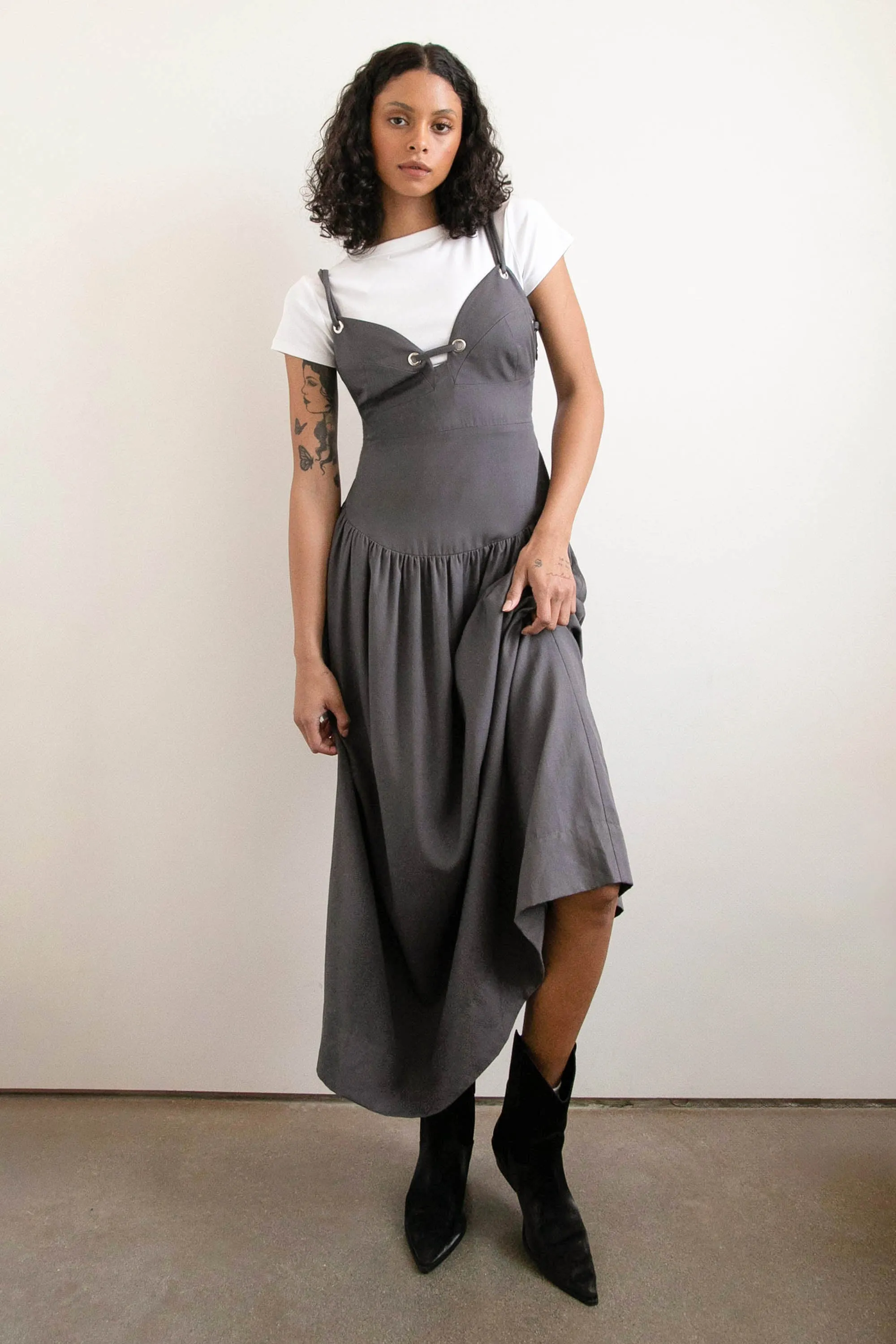 DROP-WAIST DRESS WITH METAL EYELETS