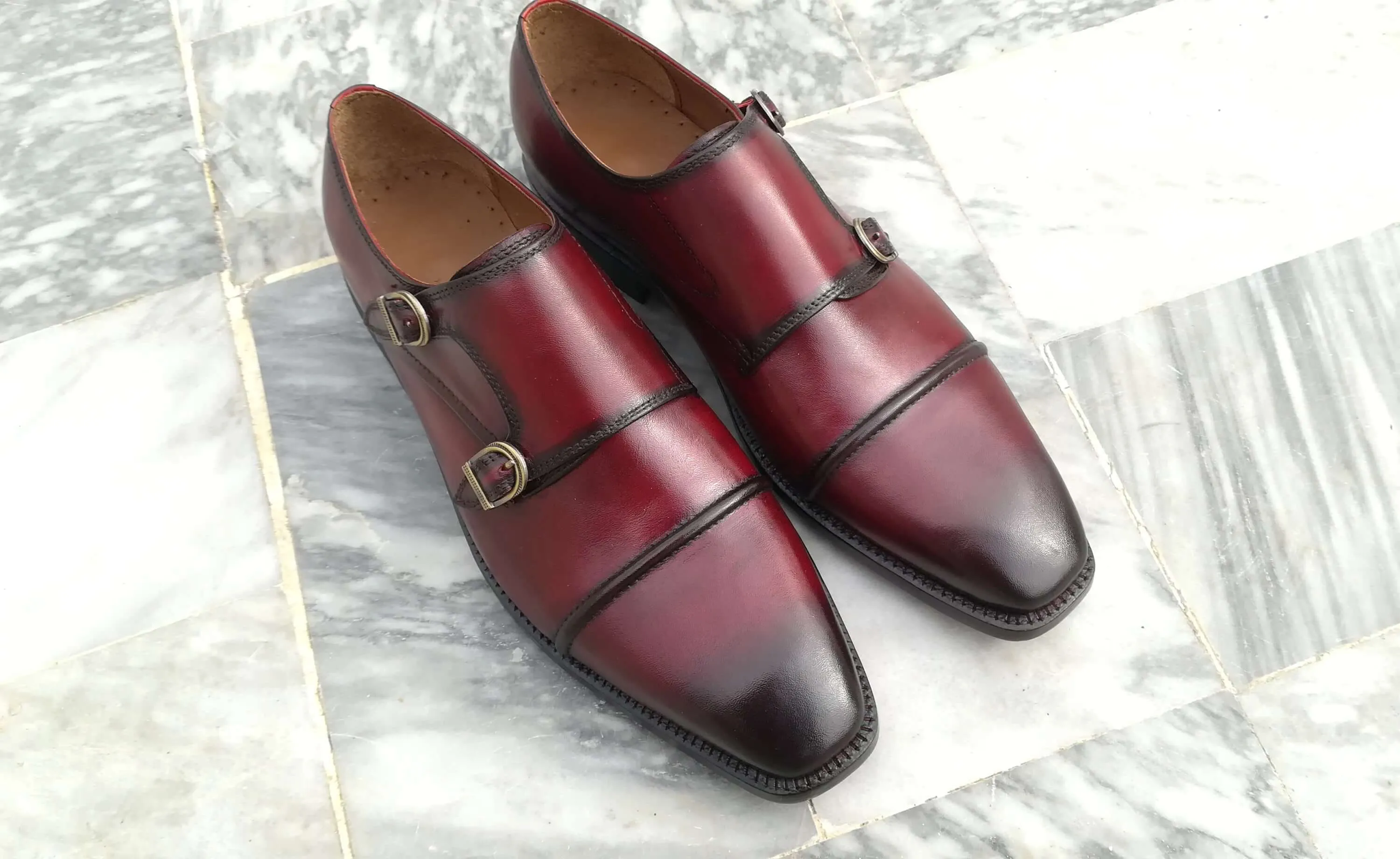 Elegant Men's Handmade Burgundy Leather Cap Toe Double Monk Strap Dress Shoes