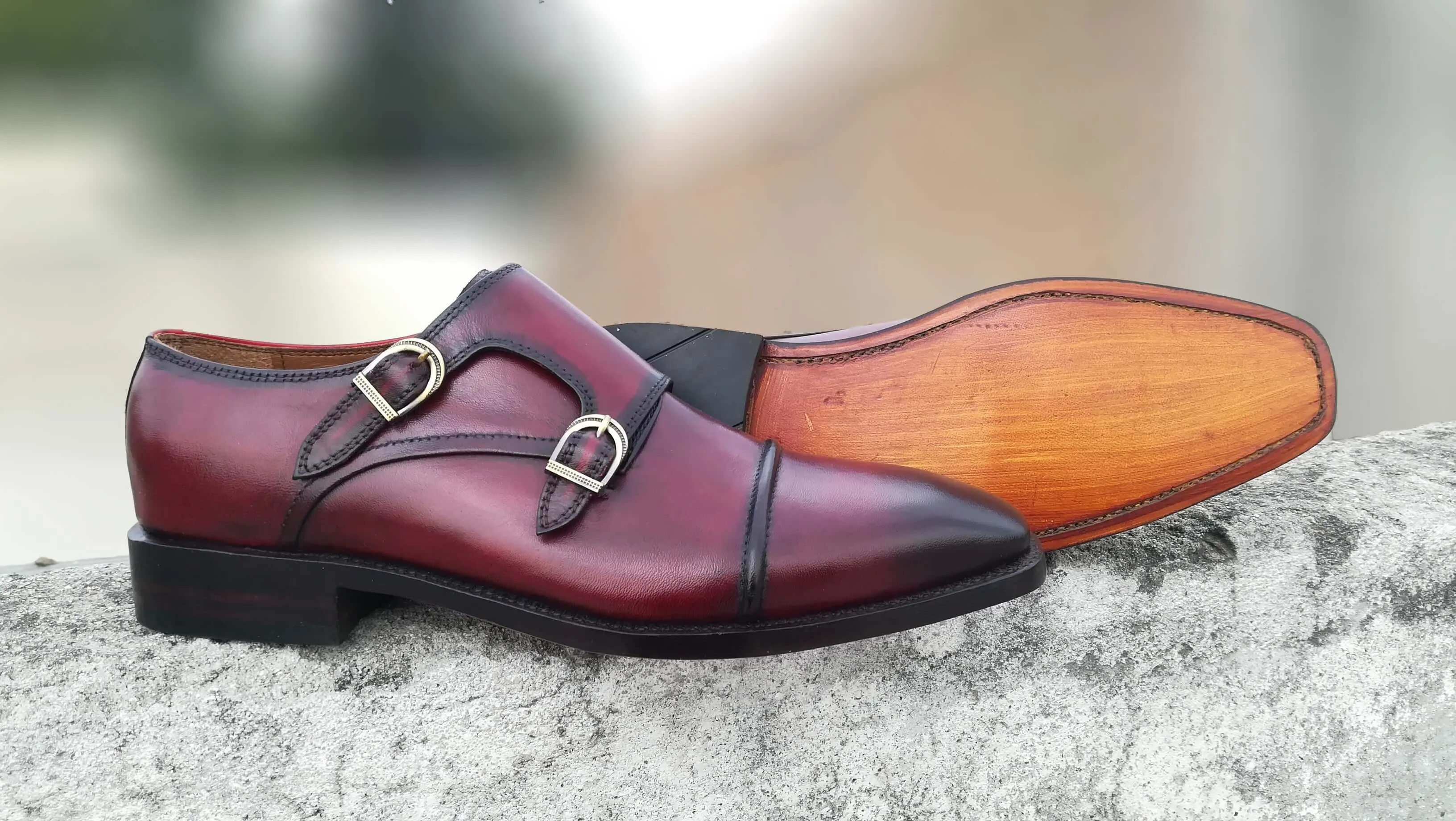 Elegant Men's Handmade Burgundy Leather Cap Toe Double Monk Strap Dress Shoes