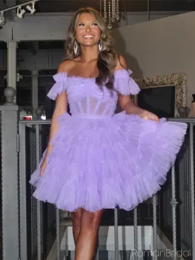 Elegant Off-shoulder A-line Ruffles Tulle Short Homecoming Dresses Online, HD0788