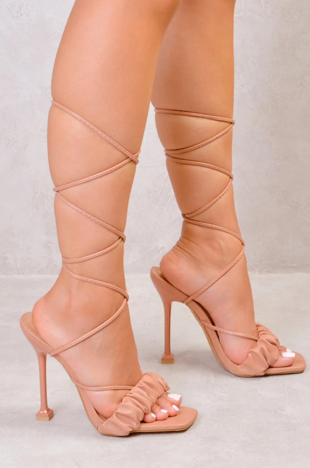 ELLA LACE UP RUCHED STRAP HEELS IN ROSE PINK FAUX LEATHER