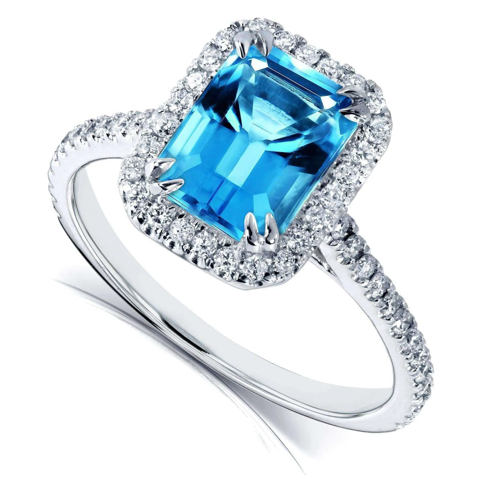 Emerald Cut Swiss Blue Topaz and Diamond Halo Ring 1 3/4ct CTW 14k White Gold