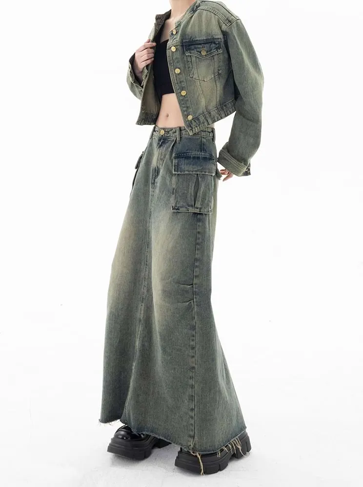 Faded Pocketed Denim Maxi Skirt