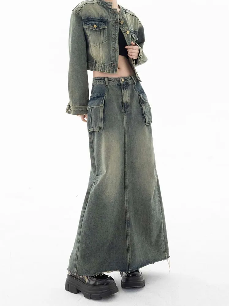 Faded Pocketed Denim Maxi Skirt