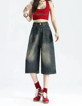 Faded Wide-Leg Denim Bermuda Capri Culotte Shorts