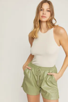 FAUX LEATHER HIGH WAISTED SHORTS | OLIVE