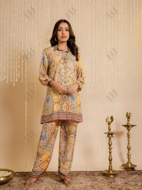 Fizaa Light Orange Silk Print Set with Beige Hand Embroidery