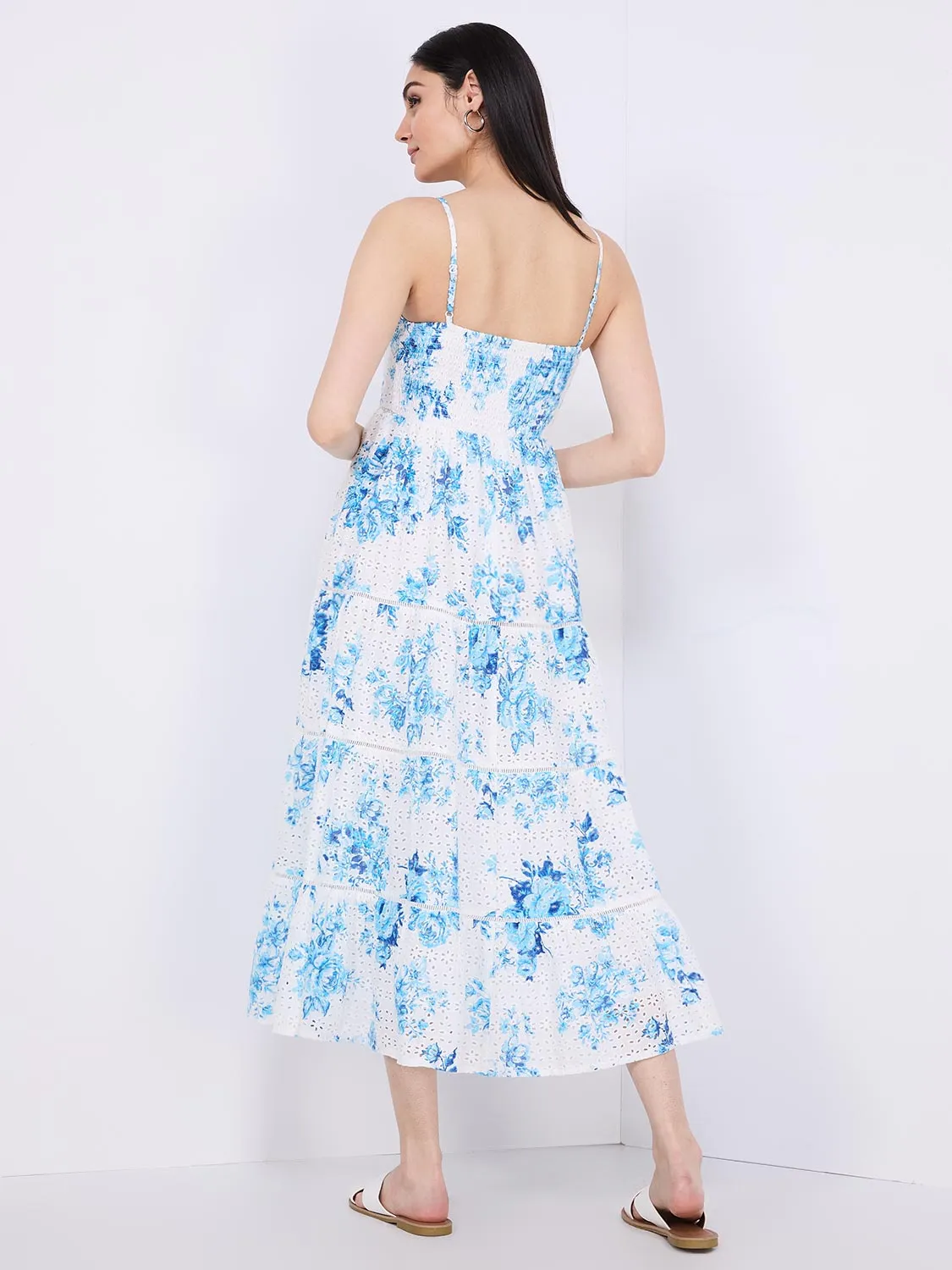 Floral Print Eyelet Tiered Maxi Dress