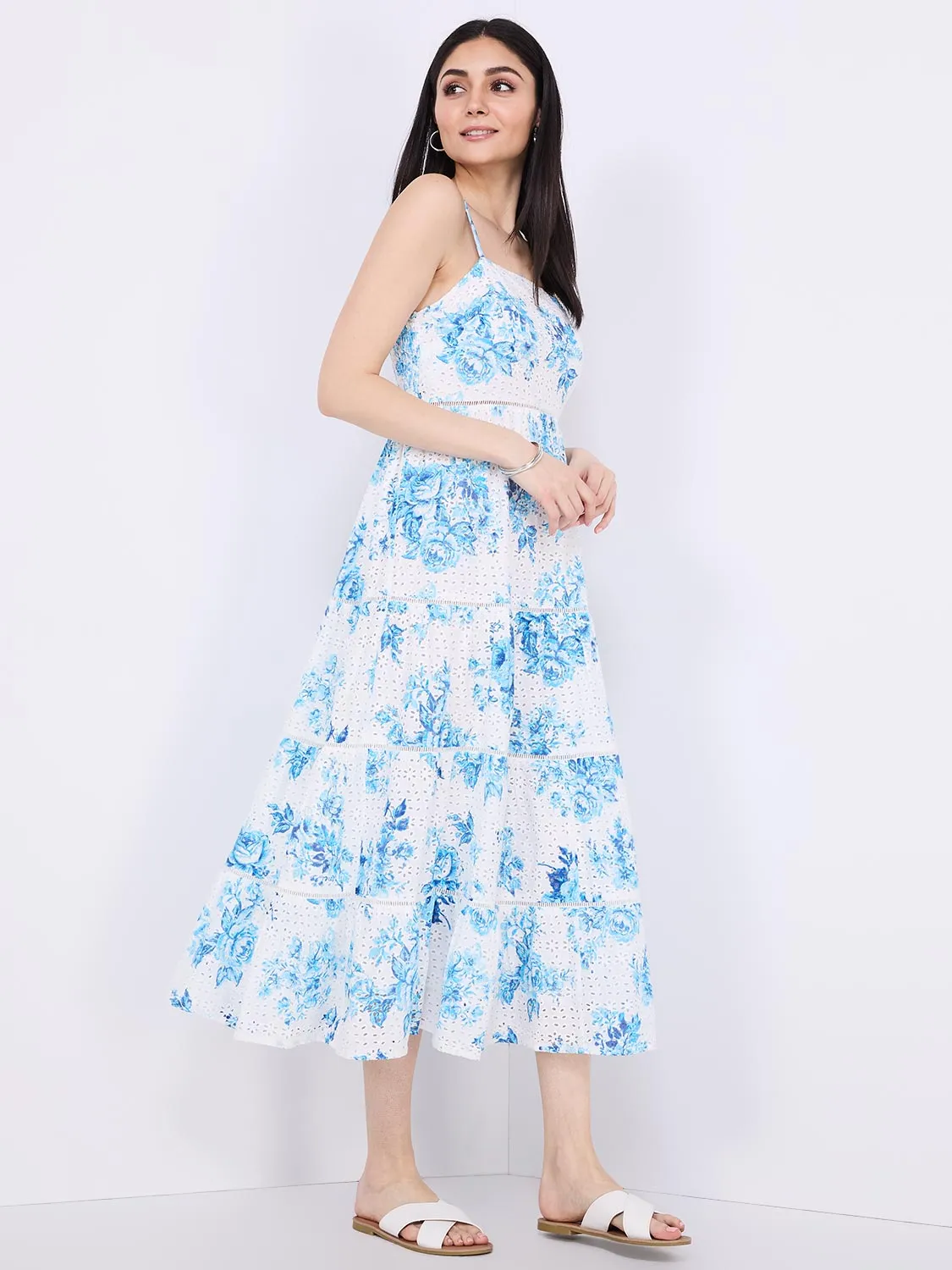 Floral Print Eyelet Tiered Maxi Dress