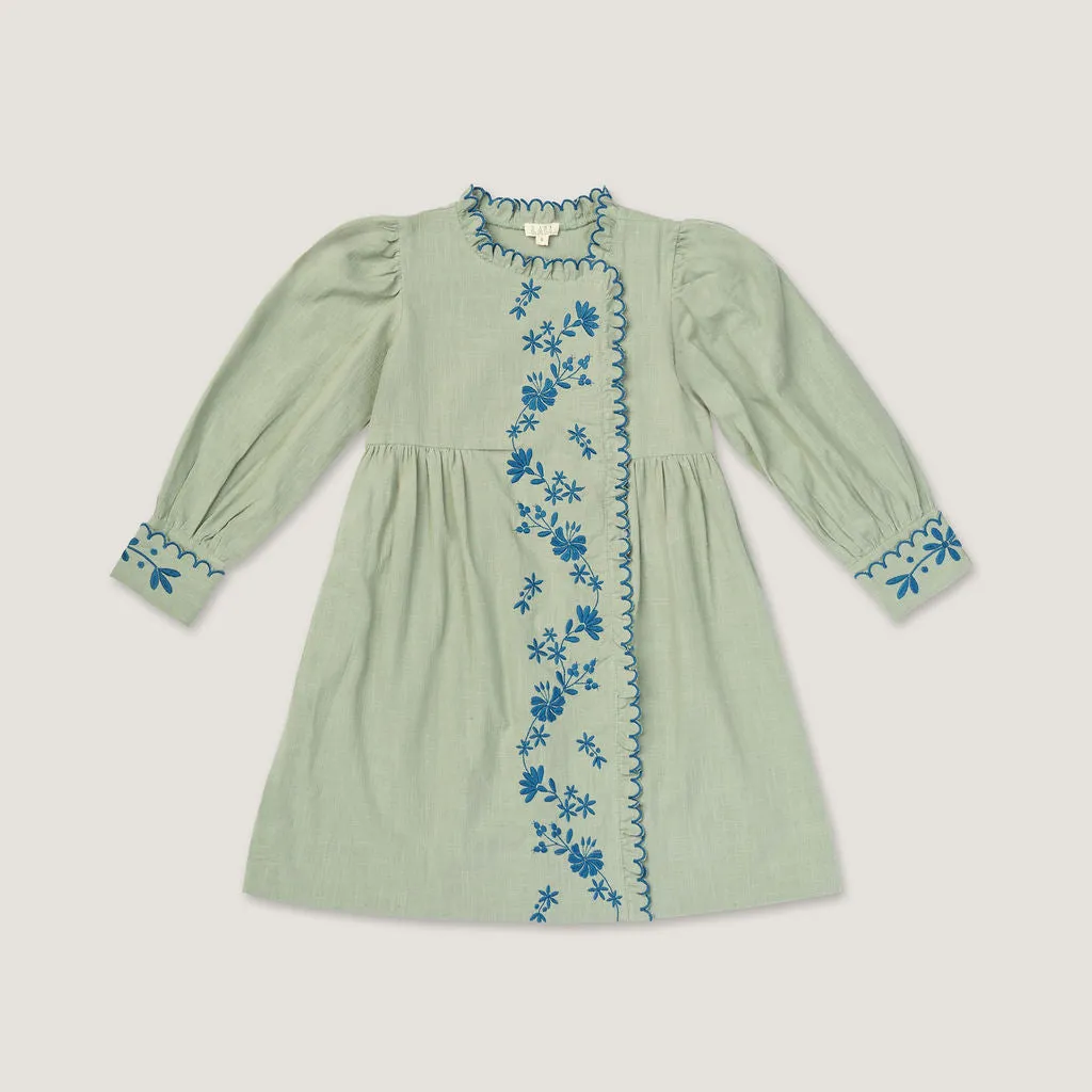 FLORENCE DRESS, SAGE WITH EMBROIDERY