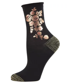 Gilded Roses Metallic Floral Cotton Blend Crew Socks