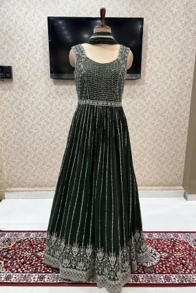 Green Mirror, Thread, Pearl, Beads, Stone, Sequins and Zari work Floor Length Anarkali Suit