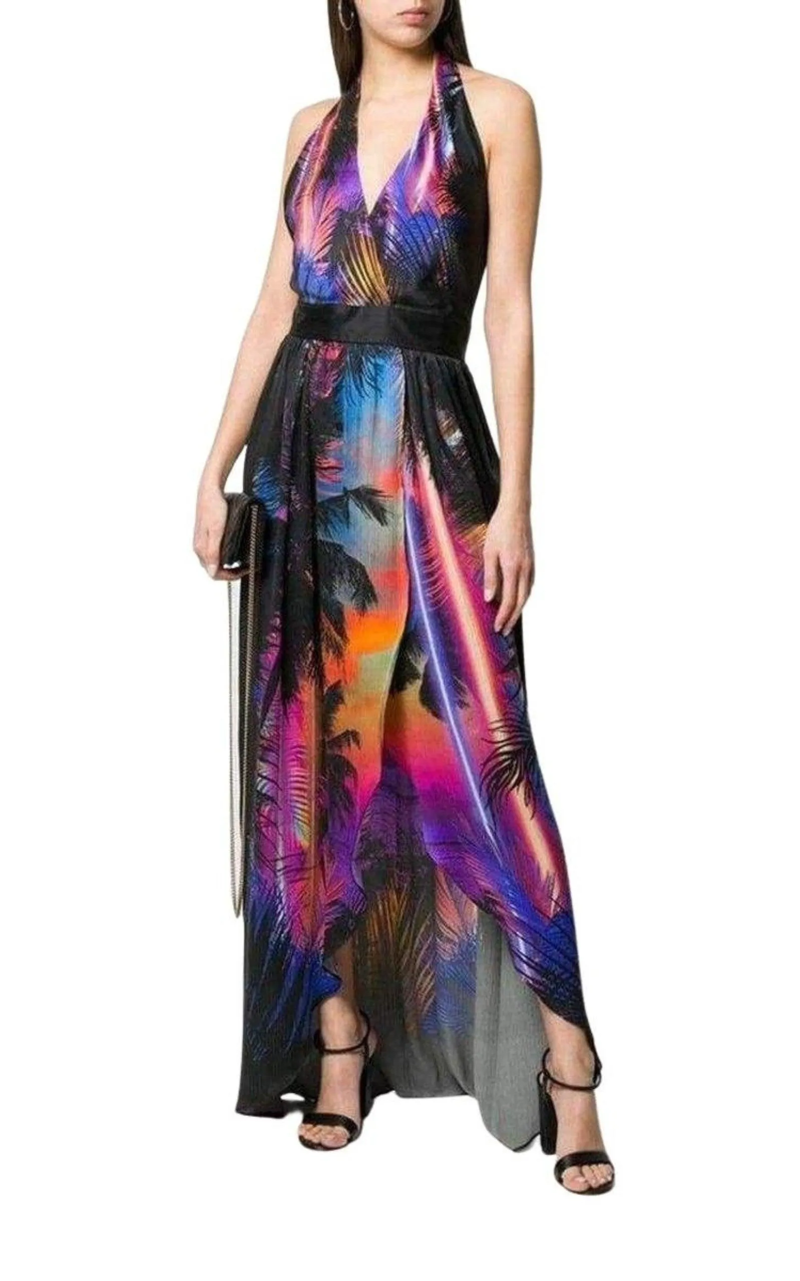 Halter Neck Printed Silk Dress