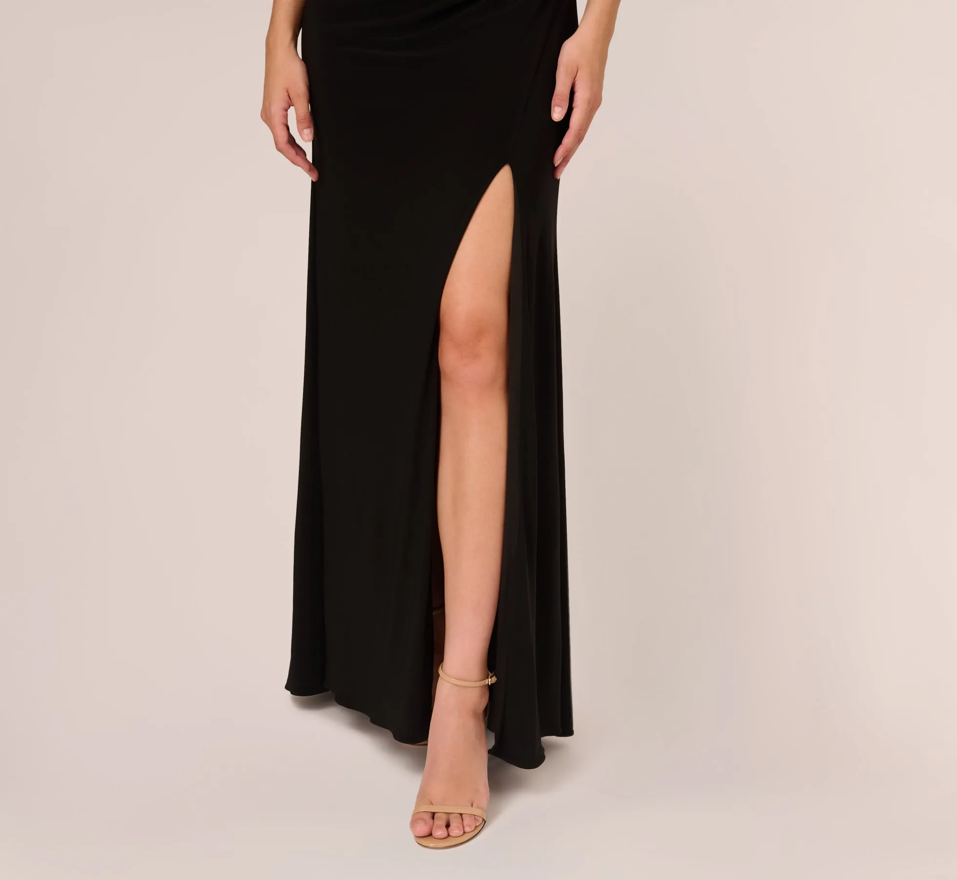 Hand-Sequined Ruched Long Jersey Gown In Black