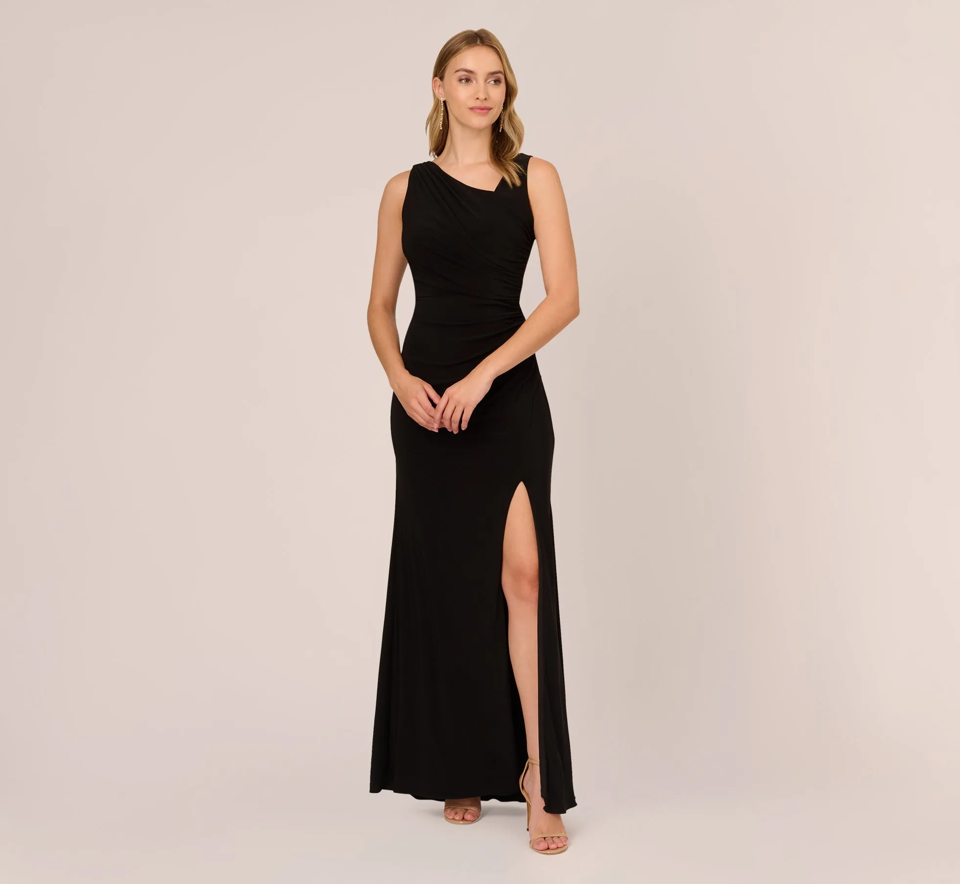 Hand-Sequined Ruched Long Jersey Gown In Black