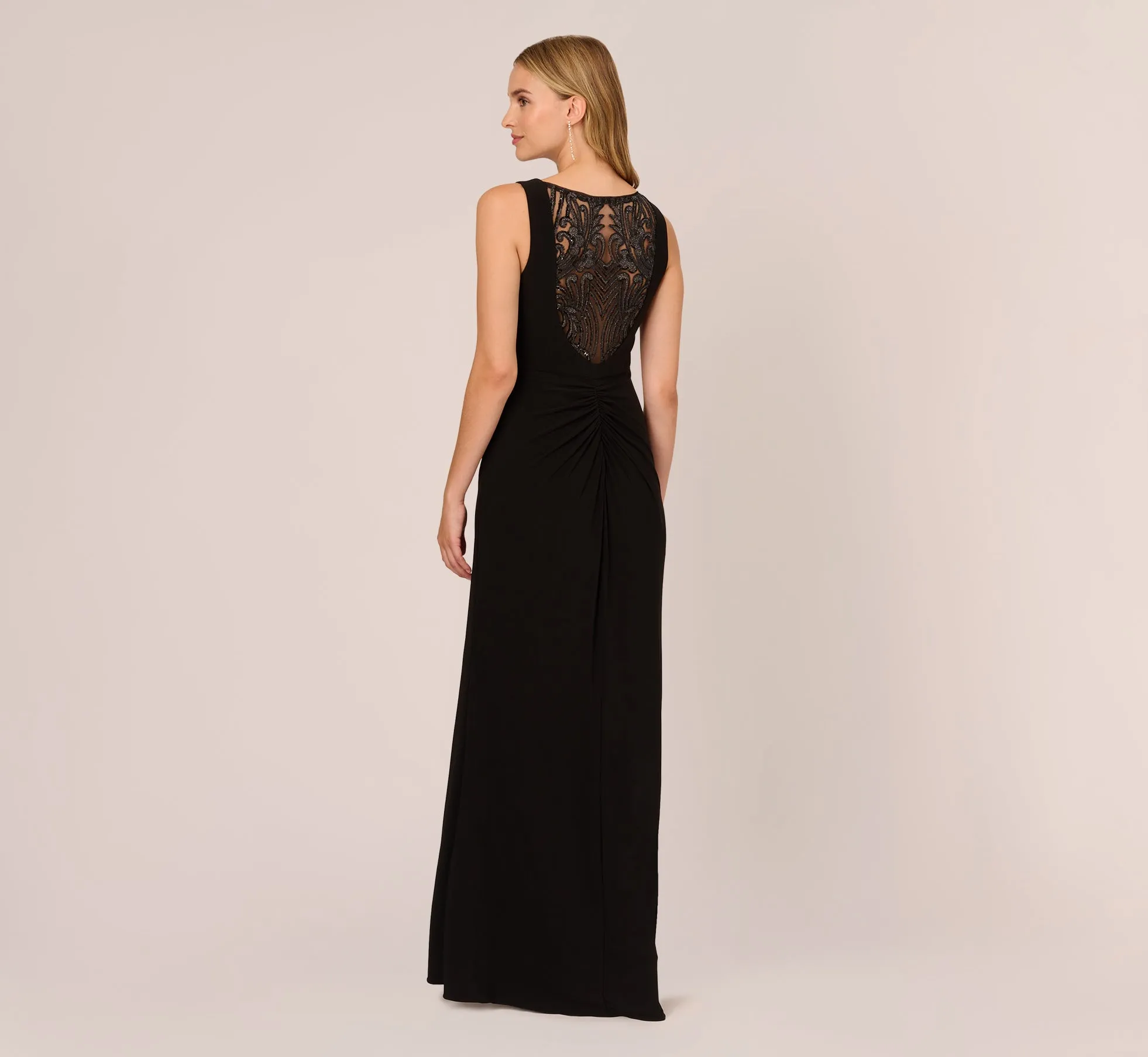 Hand-Sequined Ruched Long Jersey Gown In Black