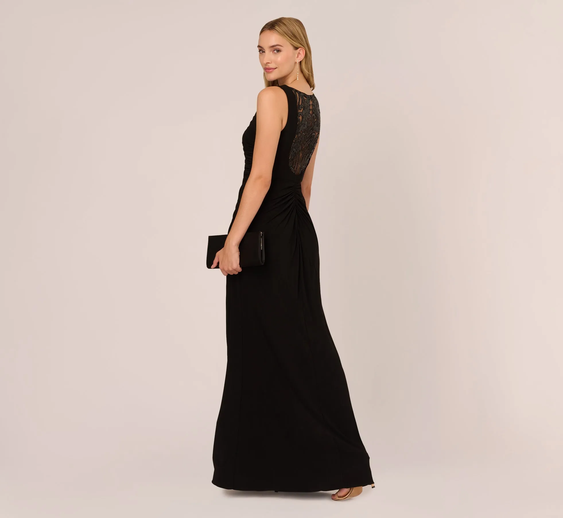 Hand-Sequined Ruched Long Jersey Gown In Black