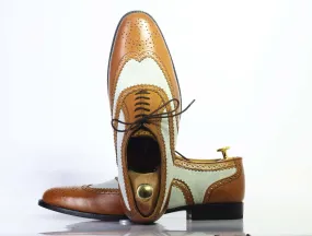 Handmade Men Brown White Wing Tip Brogue Shoes, Men Lace Up Leather Dress Shoes