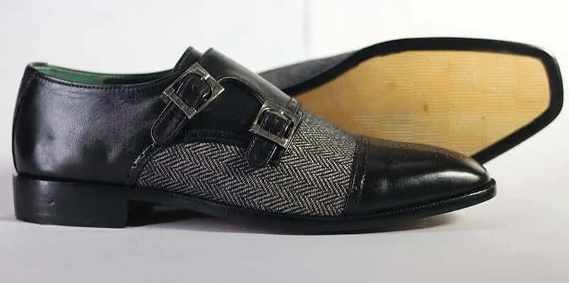 Handmade Men's Black Leather Tweed Cap Toe Brogue Double Monk Strap Shoes, Men Dress Formal Shoes