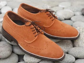 Handmade Men's Orange Color Suede Wing Tip Lace Up Shoes, Men Designer Dress Formal Luxury Shoes