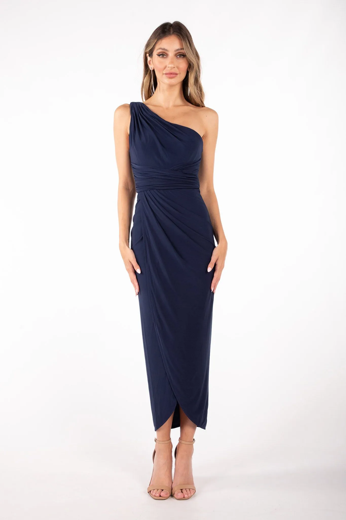 Hayden One Shoulder Midi Dress - Navy