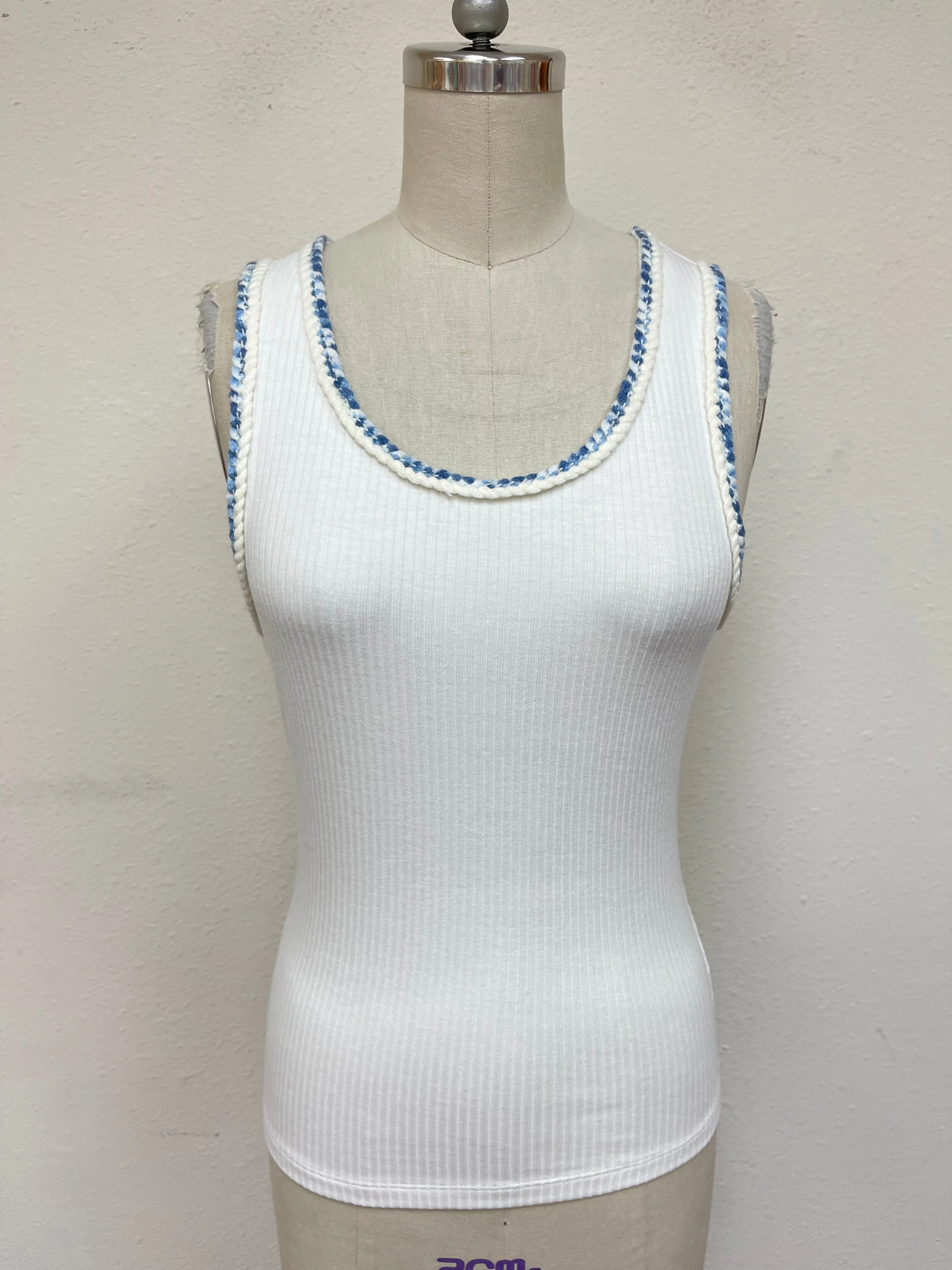 Hem & Thread Round Neckline Crochet Look Trim Rib Tank Top - White