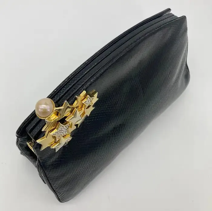 Judith Leiber black Lizard Gold Crystal Star Clutch