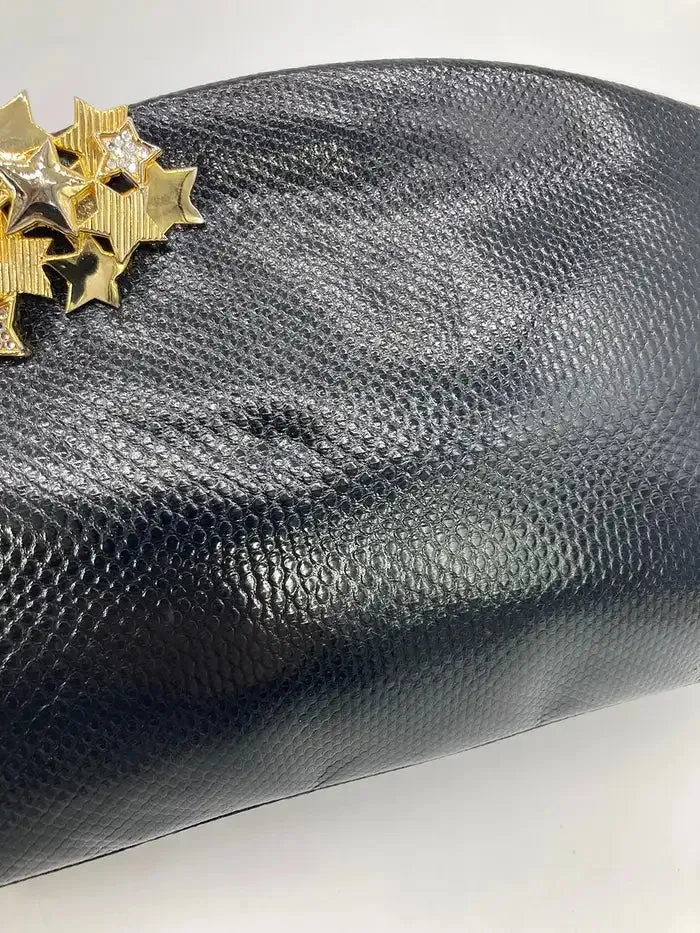 Judith Leiber black Lizard Gold Crystal Star Clutch