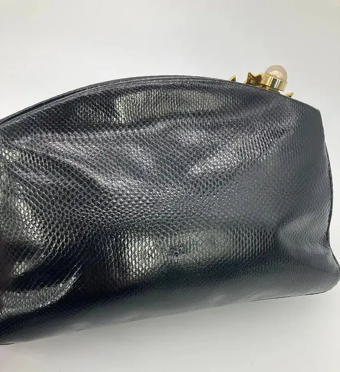 Judith Leiber black Lizard Gold Crystal Star Clutch