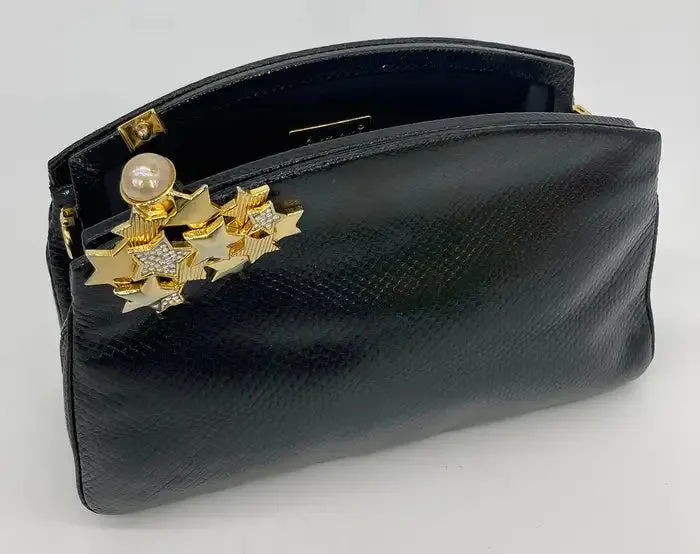 Judith Leiber black Lizard Gold Crystal Star Clutch