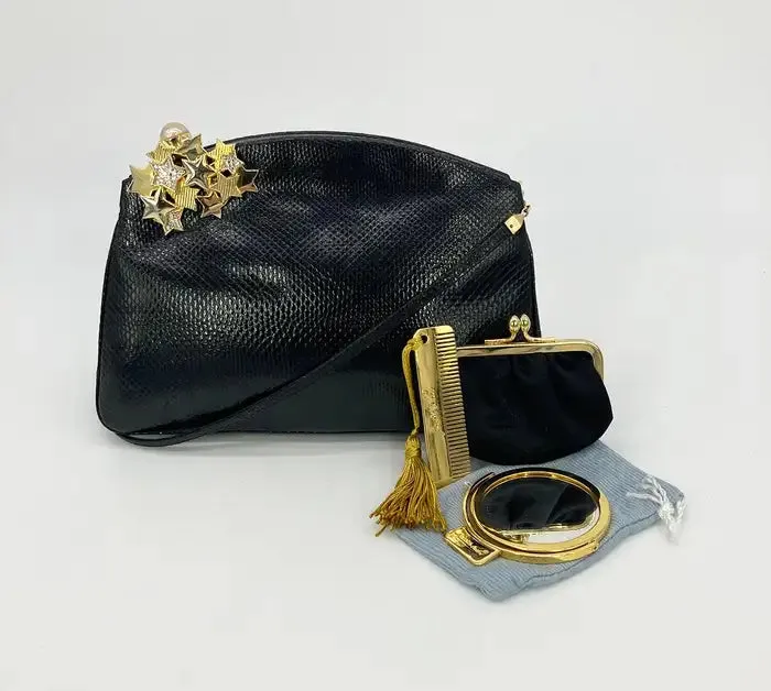 Judith Leiber black Lizard Gold Crystal Star Clutch