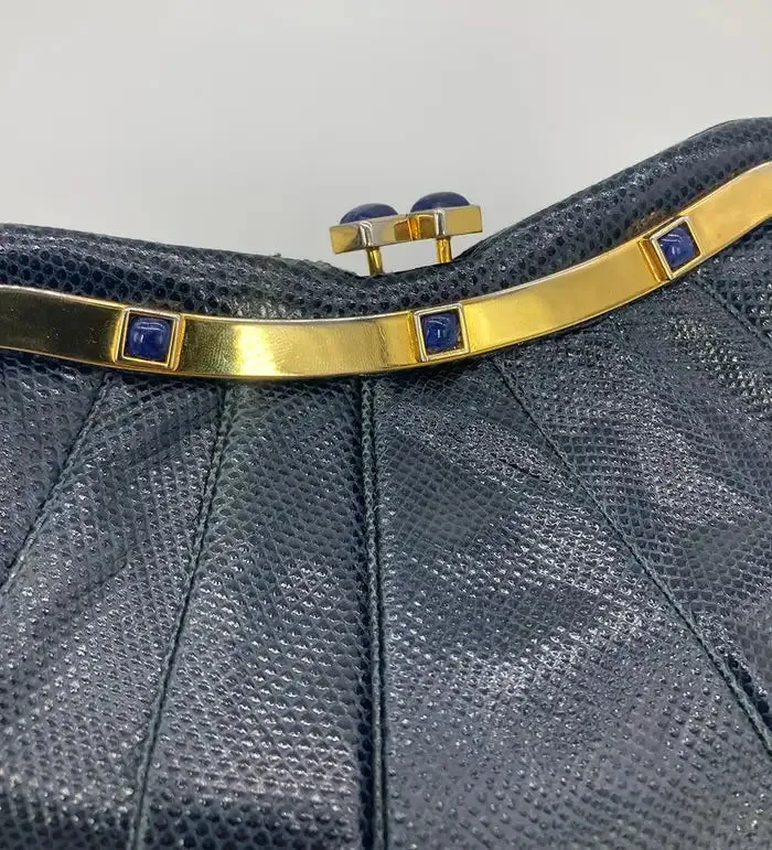 Judith Leiber Navy Lizard Lapis Stone Clutch