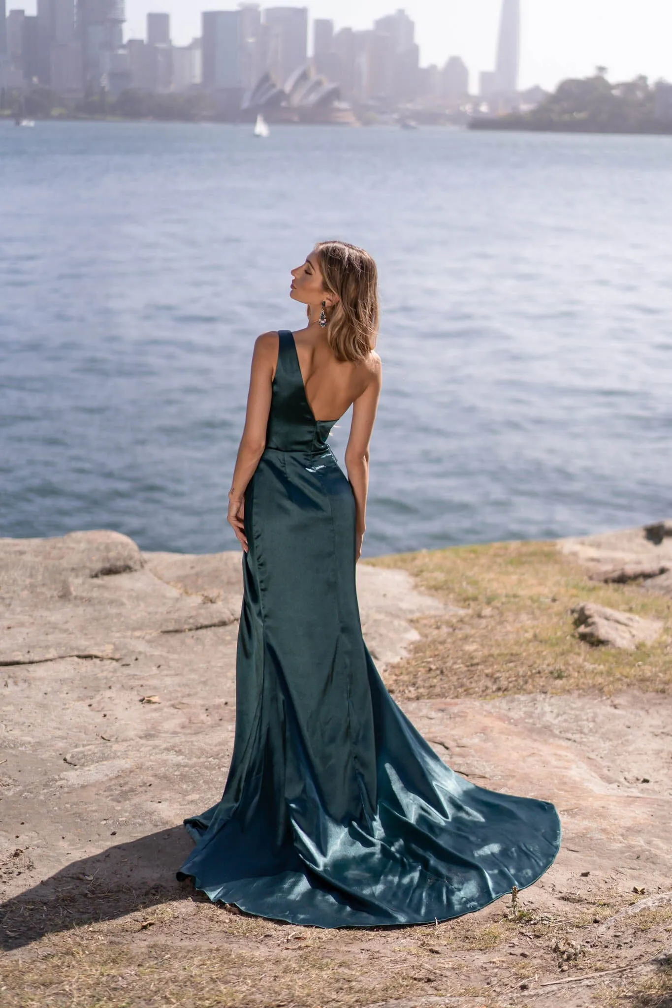 Kendra One Shoulder Satin Gown - Emerald