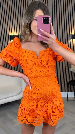 Kiana Orange Crochet Detail Frill Hem Mini Dress