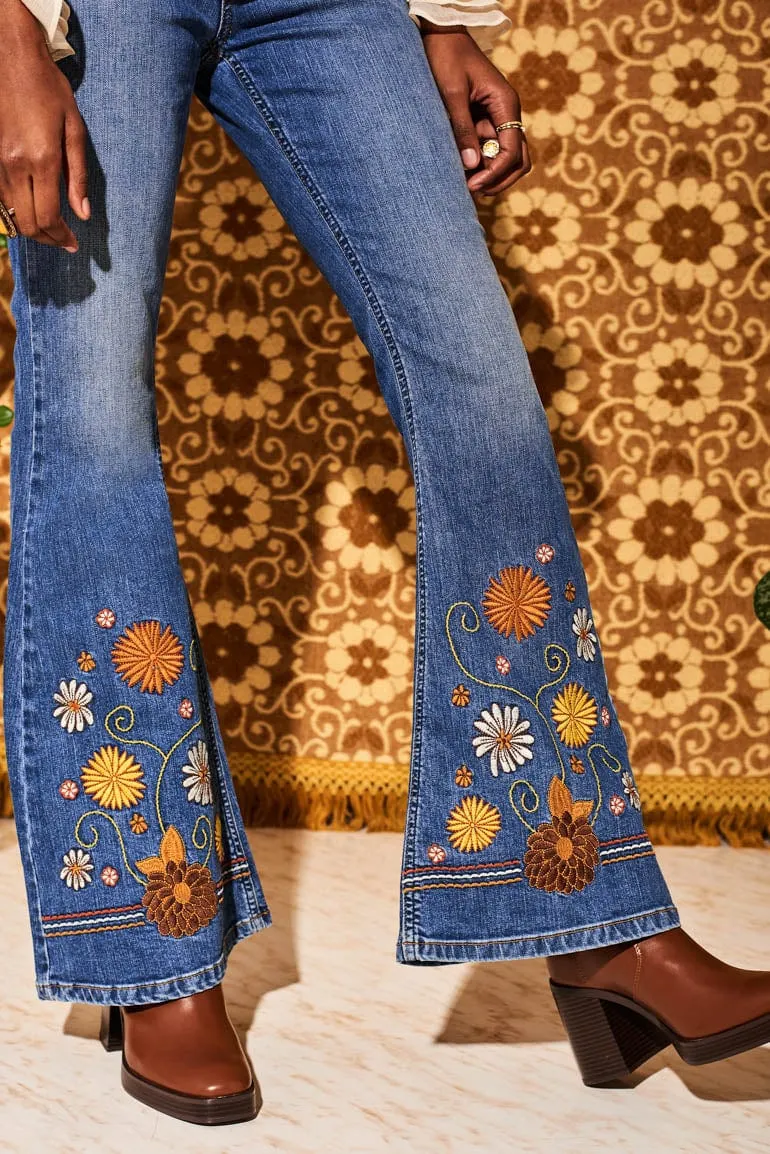 Little Girl Blue Floral Embroidered Denim Flared Jeans