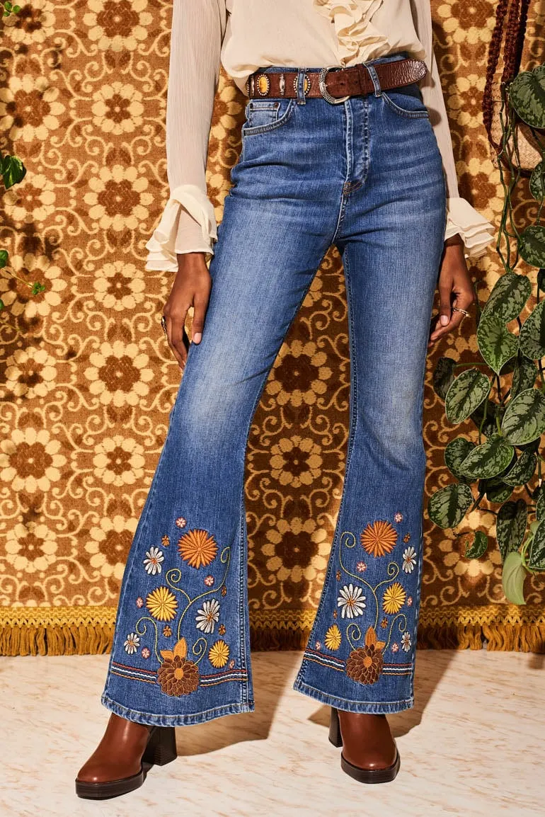 Little Girl Blue Floral Embroidered Denim Flared Jeans