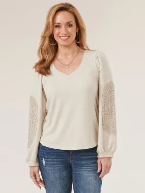 Long Blouson Sleeve Crochet Applique Sweetheart Neck Knit Top