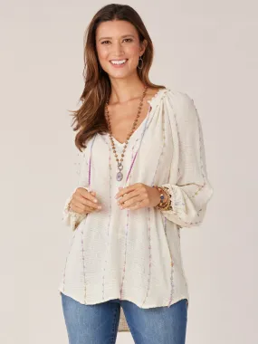 Long Crochet Blouson Sleeve Split V-Neck Braided Tie Front Woven Top