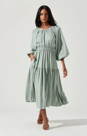 Long Sleeve Cinched Cutout Waist Tiered Midi Dress