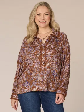 Long Sleeve Collared Crochet Placket Printed Plus Size Woven Shirt