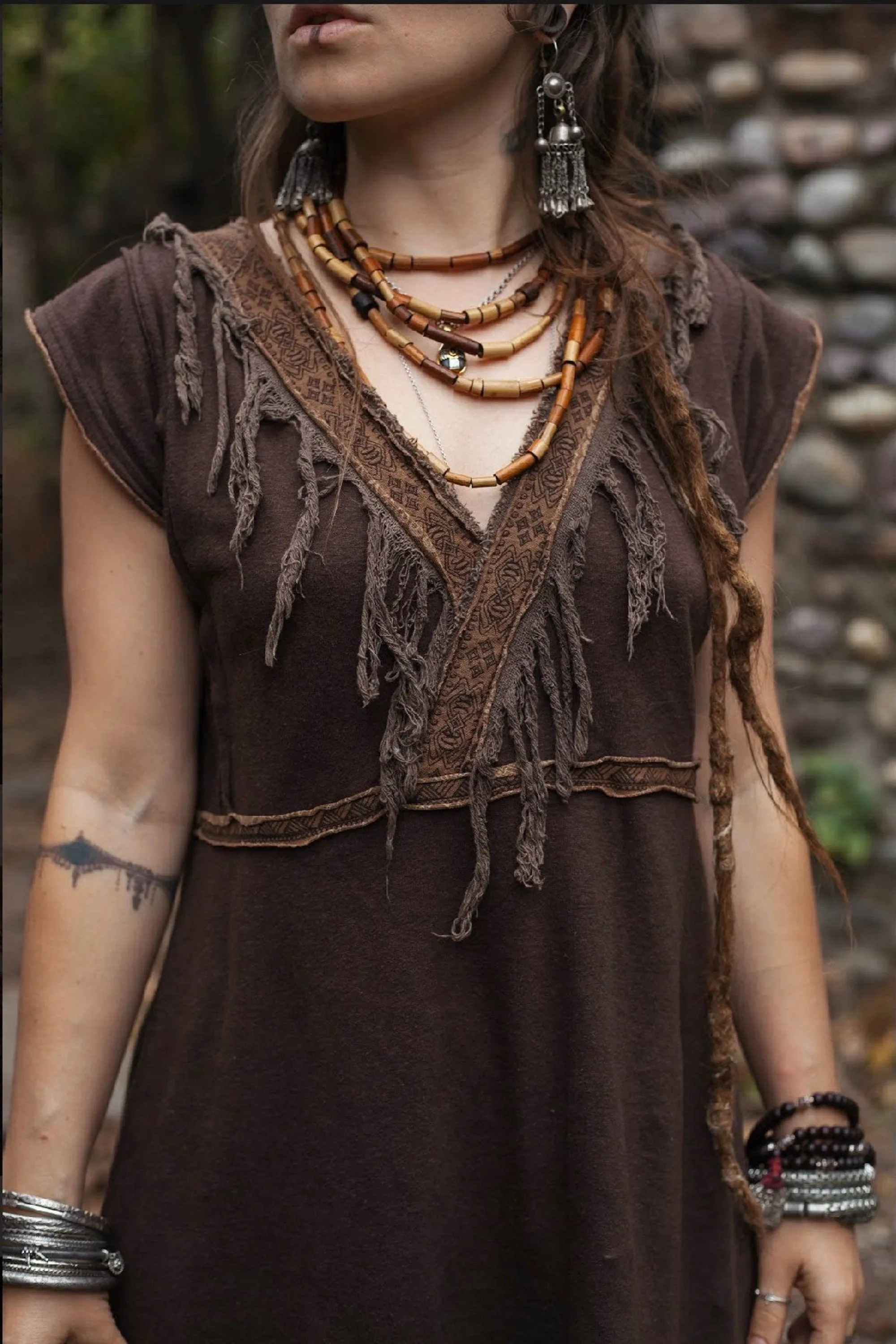 Long Tribal Hemp Tunic Top »» Asymmetrical Short Brown Hemp Dress