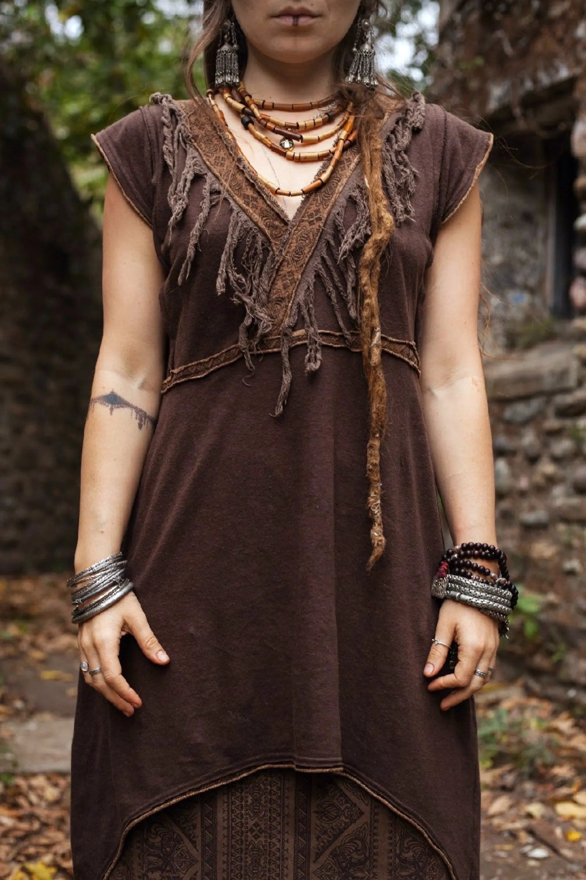 Long Tribal Hemp Tunic Top »» Asymmetrical Short Brown Hemp Dress