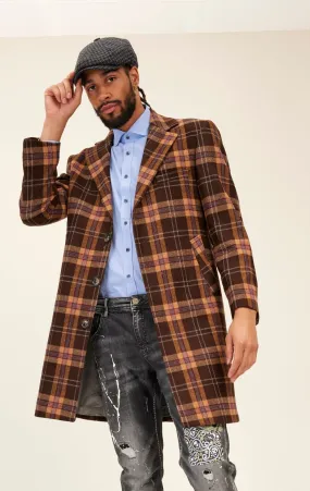 Longline Chesterfield Plaided Coat - Brown