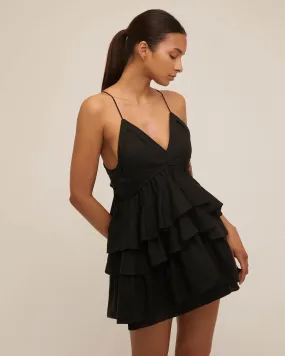 Lucia Tiered Mini Dress in Linen Black