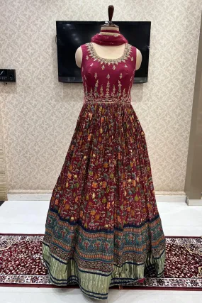 Maroon Mirror, Zardozi and Thread work with Floral Print Floor Length Anarkali Suit